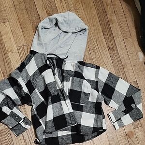 Forever 21 Black and White Checkered Jean Jacket with Gray Hood